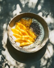 Yogurt in bowl with mango and chia seeds with deep shadow. tropical superfood breakfast that's fresh, creamy, and organic