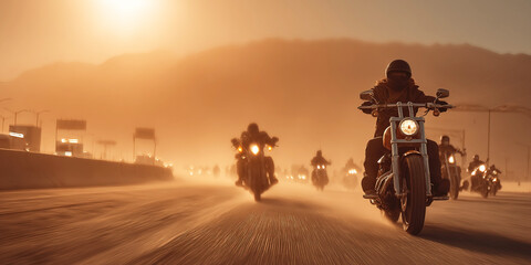 Modern bikers ride together on a highway under a hot sun during a memorable road trip