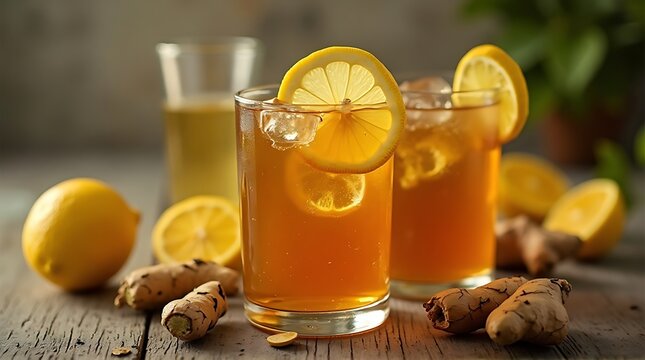 Refreshing iced tea with lemon and ginger, garnished with lemon slices, served in glasses on a rustic wooden table.
