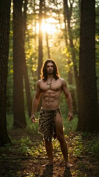 Muscular wild man with long hair wearing a loincloth in a forest. Primitive warrior or Tarzan character standing in the woods with golden sunlight.