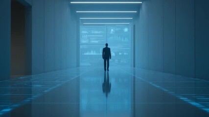 Futuristic journey: Businessman walking in a modern corridor with data displays video - Powered by Adobe