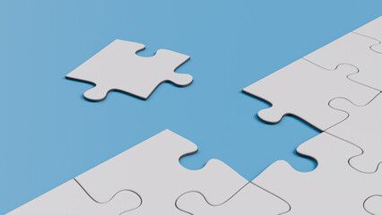 A White Jigsaw Laid on a Blue Background with a Missing Piece Moved Away, Viewed at an Angle