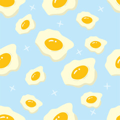 Fries egg on a blue background. Food seamless pattern for clothing, fabric, wallpaper, backdrop, home decoration, cover book, and wall art.