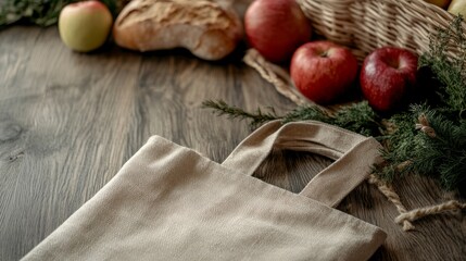 A detailed close-up mockup of a fabric tote bag lying on a rustic wooden floor, AI Generative.