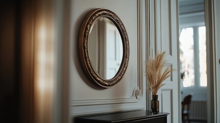 A high-quality mockup of a decorative mirror hanging in a hallway, AI Generative.
