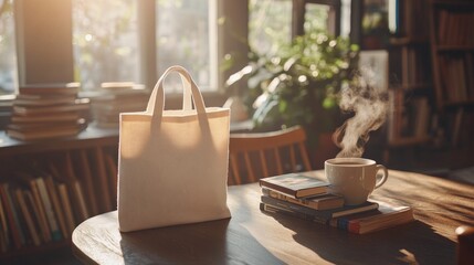 A high-quality tote bag mockup placed on a cozy cafe table with books, a steaming cup of coffee, AI Generative.