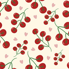 Red tomato on a beige background. Food seamless pattern for clothing, fabric, wallpaper, backdrop, home decoration, cover book, and wall art.