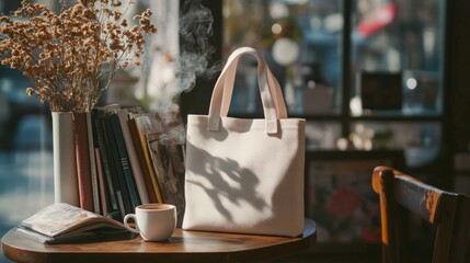 A high-quality tote bag mockup placed on a cozy cafe table with books, a steaming cup of coffee, AI Generative.