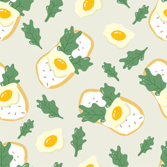 Egg with vegetables, and toasted on a beige background. Food seamless pattern for clothing, fabric, wallpaper, backdrop, home decoration, cover book, and wall art.