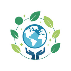 Hands holding planet earth surrounded by green leaves and sparkles isolated on white background