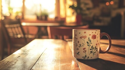 A photorealistic mockup of a custom-designed mug on a wooden table in a cozy coffee shop, AI Generative.