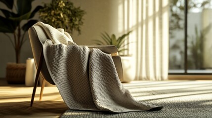 A photorealistic mockup of a designer throw blanket draped over a chair in a modern living room, AI Generative.