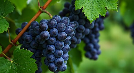 Fototapeta premium Close up of juicy dark grapes with water droplets on the leaves and grapes ready to be harvested in a vineyard setting
