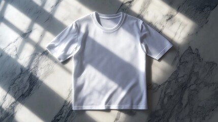 A photorealistic mockup of a T-shirt lying flat on a marble countertop in a well-lit room, AI Generative.