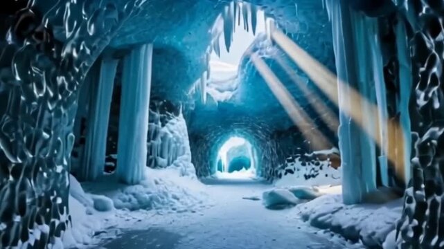 Frozen ice cave with glowing blue icicles and sun rays beaming through
