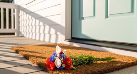 Fresh flower bouquet delivery on front door mat welcome home gift surprise flower arrangement doorstep