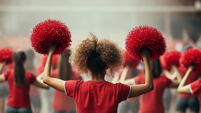 Cheerleaders Performing with Pom Poms during Sport Event in Vibrant Atmosphere
