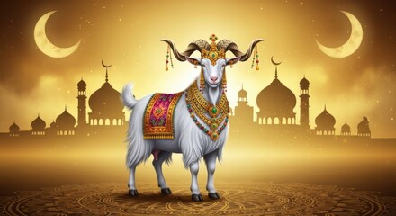 Majestic Decorated Goat Amidst Islamic Architecture and Crescent Moons