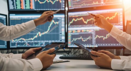 Fototapeta premium Financial Analysts Reviewing Stock Market Data on Multiple Screens