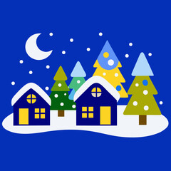 Fototapeta premium Winter Wonderland Christmas Village at Night vector illustration