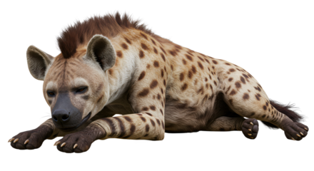 Detailed closeup of a spotted hyena resting on its side, showcasing its fur and facial features.