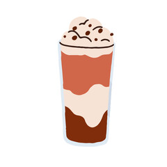 Milkshake drink with chocolate syrup and whipped cream topping. Sweet cold beverage, milk shake in glass mug. Creamy cocoa and coffee dessert. Flat vector illustration isolated on white background
