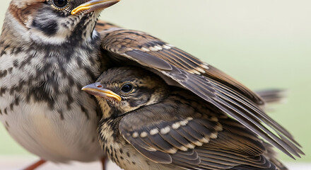 Close-up photograph showcasing a mother bird protecting a baby bird with its sheltering wing