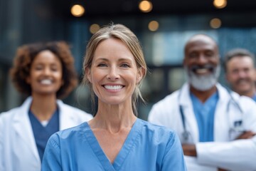 Diverse Team of Medical Professionals Smiling in Hospital Corridor with Patients.
