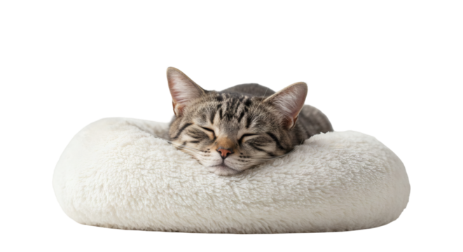 A tabby cat rests peacefully in a soft, white cushion.