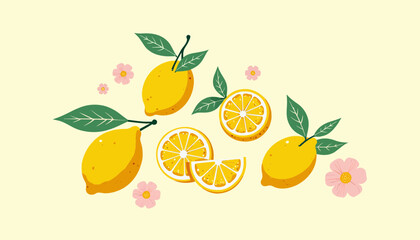 Fresh lemons and lemon slices with leaves and flowers on yellow background  