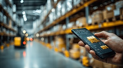 Mobile warehouse technology showing smart logistics, inventory tracking, and efficient supply chain automation
