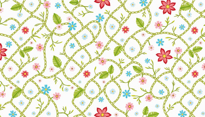 Floral pattern with colorful flowers and leafy vines on white background  
