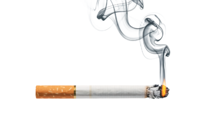 Smoking tobacco: isolated cigarette with smoke, a dangerous habit leading to cancer and unhealthy addiction