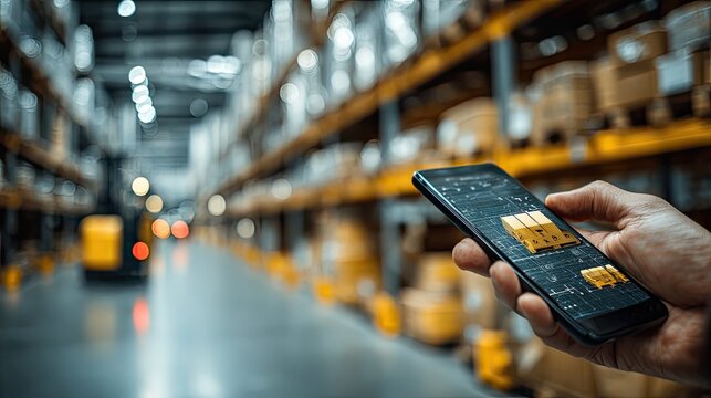 Mobile warehouse technology showing smart logistics, inventory tracking, and efficient supply chain automation