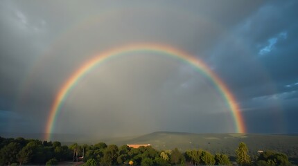 A vibrant double rainbow arches across a dramatic sky, illuminating the landscape below with its colorful spectrum.