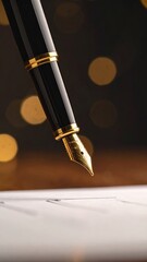 Fototapeta premium Elegant pen poised above blank paper with soft glowing lights in the background