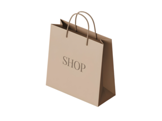Beige Paper Shopping Bag with Rope Handles and Shop Text 3 D Render Isolated on a Transparent Background