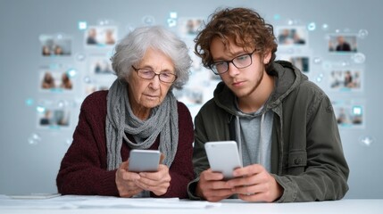 young man assists an elderly woman in navigating her smartphone during a technology lesson. They sit closely together, focused on their devices, sharing knowledge and experience