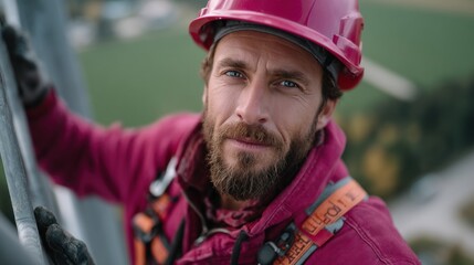 man wearing a pink helmet and safety gear climbs a tall structure, showing focus and determination