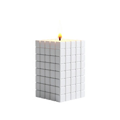 a close up of a lit candle in a white cube