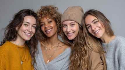 Fototapeta premium Four women stand closely together in a warm indoor space, smiling and enjoying each others company. They display a variety of hairstyles and outfits, exuding a friendly atmosphere