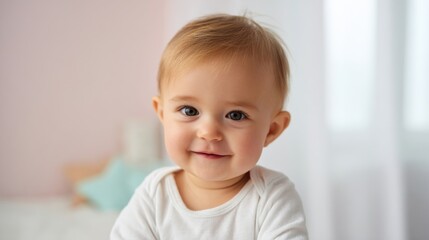 Fototapeta premium Adorable smiling young toddler boy with bright eyes and light hair indoors.