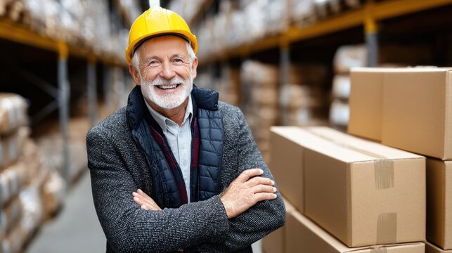 senior warehouse manager stands confidently with arms crossed in a storage area filled with stacked boxes. He wears a hard hat and shows a friendly smile while overseeing daily operations