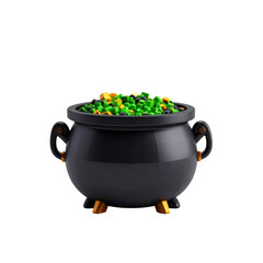 a close up of a pot of green peas and gold coins