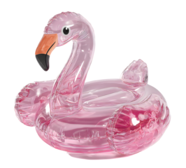 Pink inflatable flamingo pool float designed for summer fun and relaxation on transparent background.
