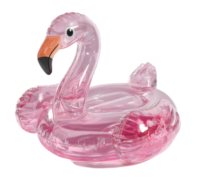 Pink inflatable flamingo pool float designed for summer fun and relaxation on transparent background.