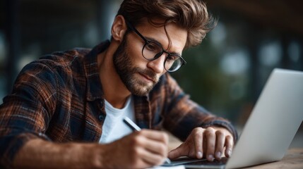 young man with glasses is deeply focused on writing notes as he works on his laptop. He sits at a wooden table in a contemporary workspace filled with natural light