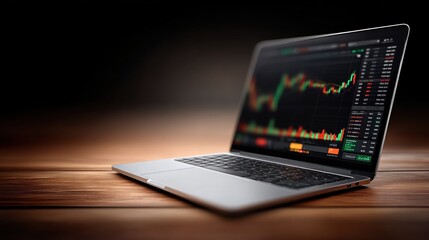 person engages in financial analysis using a laptop that shows vibrant stock market data in a dark setting. screen highlights various graphs and trends to aid decision-making