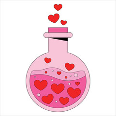 Chemistry flask with hearts in flat cartoon style. Love reaction icon in vector illustration, ideal for logos, science romance and Valentine visuals