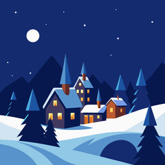 Fototapeta premium Snowy Christmas Village After Dark vector illustration